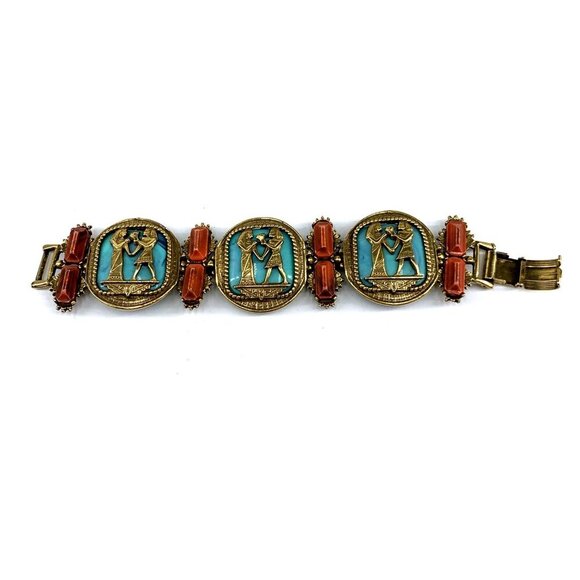 Egyptian Revival Bracelet 7" Unsigned Statement PIece Vintage Metal Plastic - Picture 1 of 11